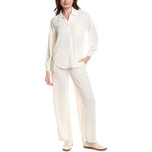 Marion Womens 2P Crinkled Plisse Button Shirt & Pant Set
